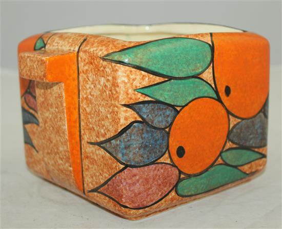 A Clarice Cliff Oranges pattern cafe au lait ground square biscuit barrel, shape 479, 18cm